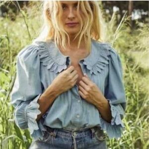 DÔEN Hickory Ruffle Neck Cottagecore Embroidered Peasant Top In Atlantic New